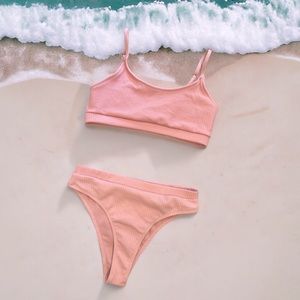 PINK RIBBED HIGH WAISTED‎ BIKINI BOTTOM XL TOP L